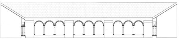 Reconstruction drawing of the cloister at the Black Friary by Kevin O'Brien