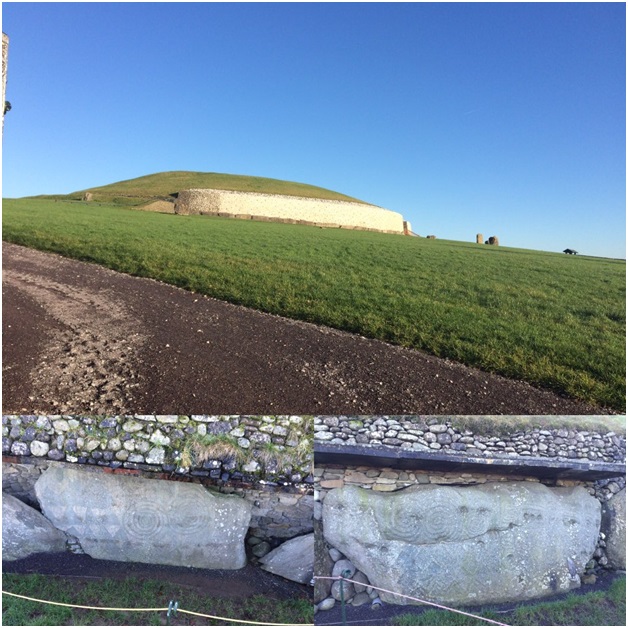 Newgrange (above) and two of the decorated kerb-stones.