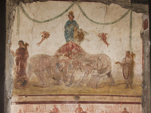 Venus standing on a quadriga of elephants. Fresco from the ''Officina di Verecundus'' (IX 7, 5) in Pompeii.