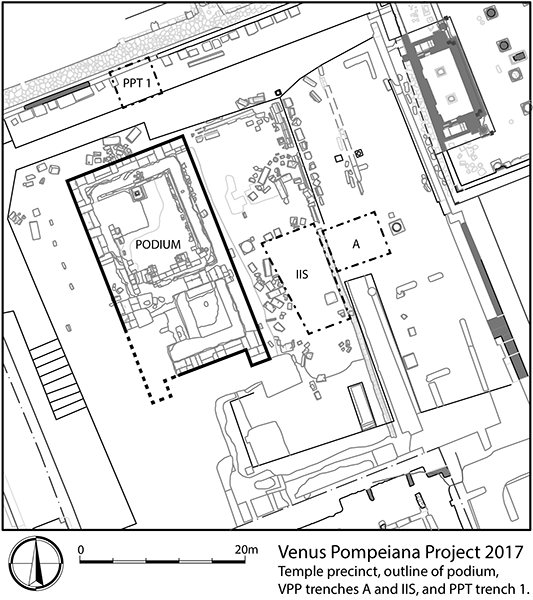 State plan of the sanctuary of Venus with indication of the trenches surveyed in the 2017 pilot season (Dan Diffendale)