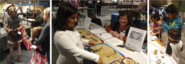 Attendees at the AIA-MOS Fair in Boston speak to Roman soldiers, participate in simulated digs, and use a bow drill.