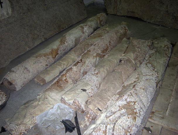 Figure 1. Detached mosaics in temporary storage, Dara, Syria. (Zaki Aslan)