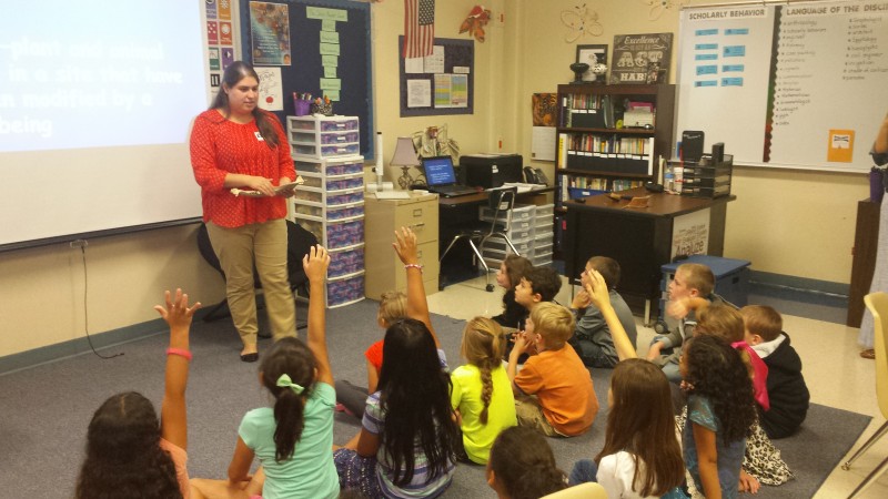 Rachel Vara answering questions at Boone Elementary