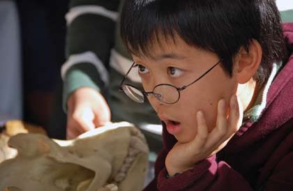 An enthralled young visitor participates in an AIA  Archaeology Fair in Boston