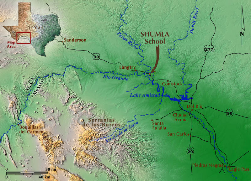 Figure 1. The Lower Pecos is a cultural area defined by Pecos River Style rock art found in the canyonlands centering on the confluence of the Pecos River with the Rio Grande. Map by Kerza Prewitt.