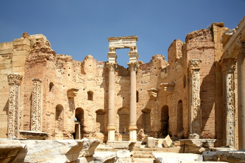 The archaeological site of Leptis Magna, a prominent city in the Roman Empire, and a UNESCO World Heritage site in Libya.