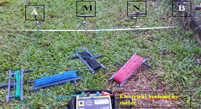 Figure 2: Electrical resisitivity meter, C.A. 6425; Chauvin Arnoux, used in this research. A and B = current electrodes; M and N = potential electrodes. Photo by Farisha Kartosemito (2016).