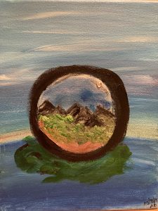 Painting shows a lens with a zoomed in view of a mountain range on an island.