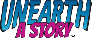 Unearth a Story blue and pink slogan text.
